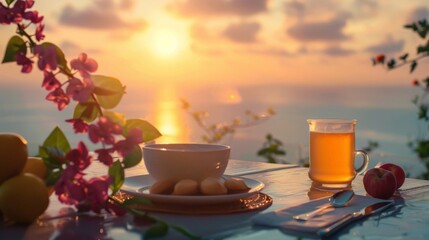 A serene breakfast scene with a sunrise view, featuring a healthy and balanced meal to start the day.