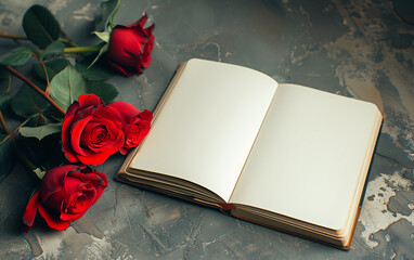 red roses laying next to an open vintage notebook with copy space