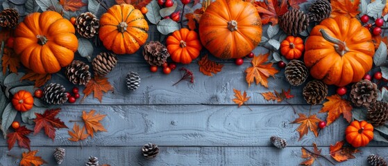 Pumpkins, pine cones, and berries on a blue wooden background. Autumn harvest and decoration concept. Design for header, poster, card - obrazy, fototapety, plakaty