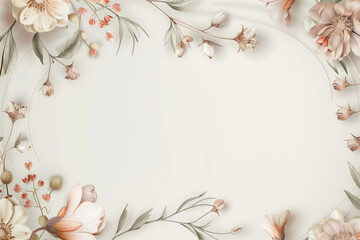 Beautiful banner with 3d light dusty color flowers isolated on pastel light background. Greeting card template for wedding, card. Springtime frame with copy space. Flat lay, top view