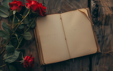 red roses laying next to an open vintage notebook with copy space