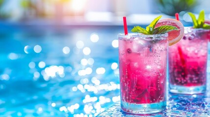A refreshing summer drink by the pool, with a focus on relaxation and the vibrant colors of the beverage.