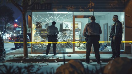 A group of police officers stand outside a store with a broken window (crime scene photos) - obrazy, fototapety, plakaty