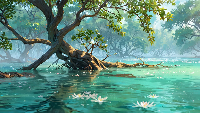 mangrove forest with delicate root branches