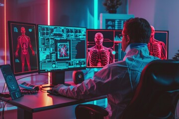 man is sitting at his computer with a man in a holographic frame behind him