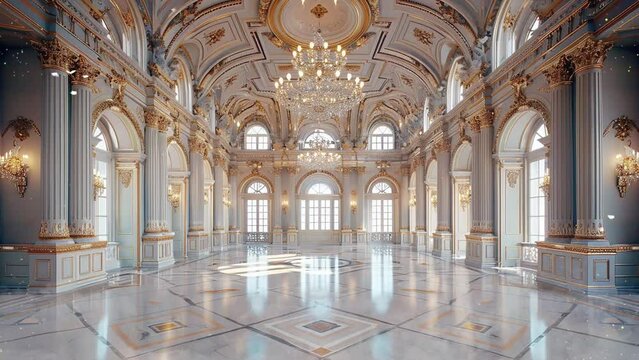 elegant architecture concept. grand ballroom evoking the elegance palace seamless looping overlay 4k virtual video animation background