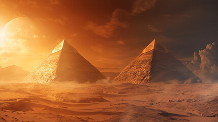 Egyptian Pyramids, Desert Sands, Mystical Atmosphere, 3D Render, Backlights, Vignette - obrazy, fototapety, plakaty