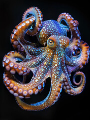 Fototapeta premium Enigmatic octopus, adorned with shimmering iridescent patterns, delving into the dark waters of the uncharted sea