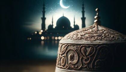 A close view of a beautifully embroidered prayer cap, with the silhouette of a mosque and the crescent moon in the backdrop. - obrazy, fototapety, plakaty