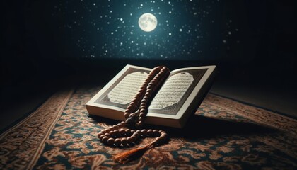 An image of a prayer bead, or misbaha, and a Qur'an resting on a prayer mat with a backdrop of a night sky.