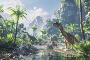 Stunning prehistoric landscape Complete with towering dinosaurs and lush greenery.