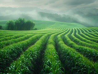 Genetically modified Crop, protective shield, crops designed to end world hunger now threaten natural plant species, lush green fields, photography, Soft backlighting, Chromatic Aberration