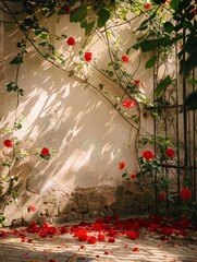A picture of an old yard full of plants and flowers and red roses, at golden hour with sunlight at springtime, AI Generated.