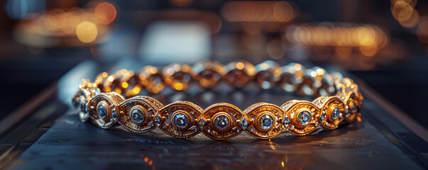 Gold Bracelet, Ancient artifact, Displayed in a museum exhibition hall,Realistic,Rembrandt Lighting,Vignette