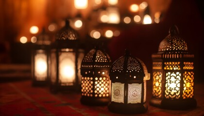 Imagine a close-up in a 16_9 ratio that captures the warmth and intimacy of Ramadan through the gentle lighting of traditional lanterns.