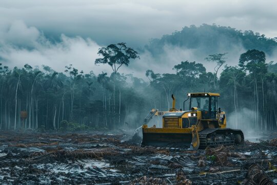 
Picture depicting a bulldozer clearing a vast tract of forest, symbolizing the rapid destruction of ecosystems due to deforestation