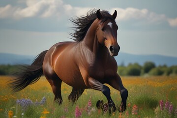 A majestic horse galloping through a field of wildflowers, its mane flowing in the wind and its powerful muscles rippling under its sleek coat. - obrazy, fototapety, plakaty