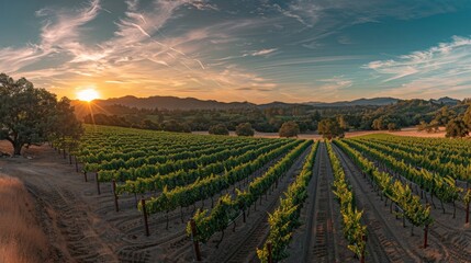 A panoramic view of a vineyard at sunset, emphasizing the beauty and romance of wine country.