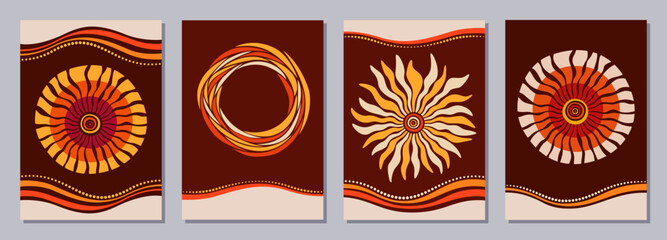 Set of flyers, posters, banners, placards, brochure design templates A6 size. Australian, Aboriginal art. - 780283483
