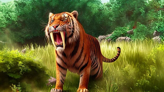 The saber-toothed tiger was an ancient mammal and tiger and cat ancestor that lived in the Americas during the Pleistocene epoch. AI-generated.