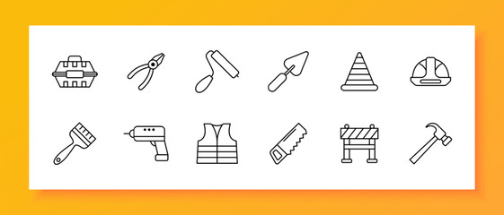 Construction set icon. Repair supplies, equipment, saw, roller, pliers, brush, cone. fence, helmet, drill, spatula, windbreaker, jacket, uniform, hammer. Vector line icon.