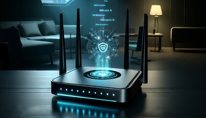 A sleek, futuristic router with a holographic interface showing secure encryption symbols floating above it, in a modern home office setting.