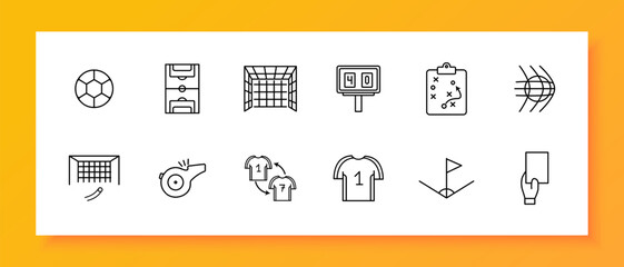 Football set icon. Ball, T shirt. form, field, card, punishment, whistle, scoreboard, plan, player substitution, goal, net, corner, football goal. Culinary dishes concept. Vector line icon.