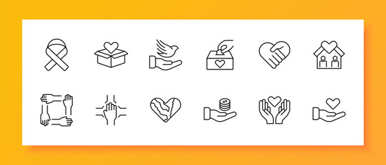 Donations icon set. Ribbon, fight cancer, hands, heart, offer, box, support,   house, teamwork, bird, money, support. The concept of good nature and helping others. Vector line icon.