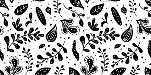 Seamless neo folk art vector pattern with flowers, black and white floral design. Neo folk style endless background perfect for textile design.