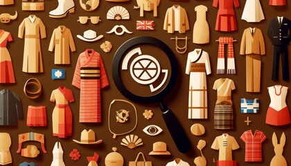 An image in the style of flat design art, displaying a variety of cultural symbols and traditional attire cutouts from around the world.