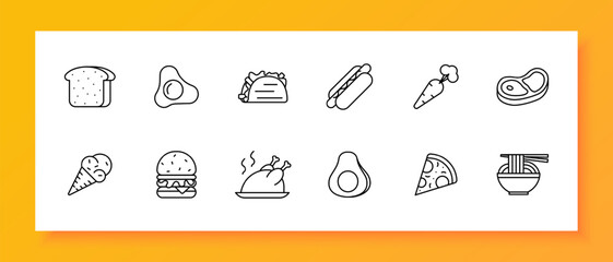 Delicacy set icon. Bread, shawarma, eggs, fried eggs, ice cream, carrots, steak, burger, sausage in dough, grilled chicken, pizza, noodles, street food,   unusual food. Vector line icon.