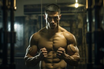 Fototapeta premium Photo of a male kickboxer shadowboxing in front of a mirror, focused and determined.