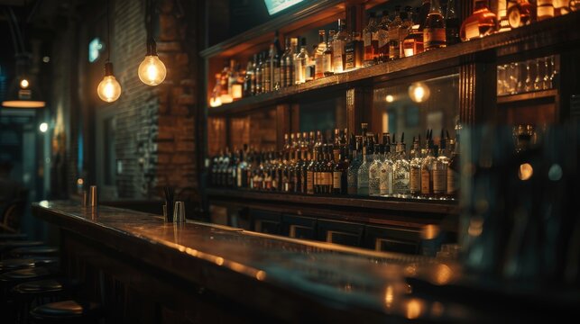 A moody, atmospheric shot of a craft cocktail bar, emphasizing the sophistication and mystery of nightlife.