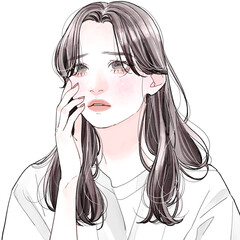 切ない表情で頬に触れている女性