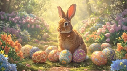 Fototapeta na wymiar An organism, the rabbit, is perched on a mound of colorful Easter eggs amidst the natural landscape of a garden, blending into the vibrant painting of grass and fruit around it AIG42E