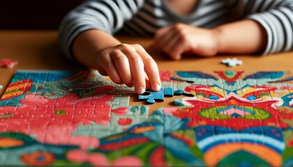 A close-up image of a child's hand placing the final piece into a brightly colored puzzle. - Powered by Adobe