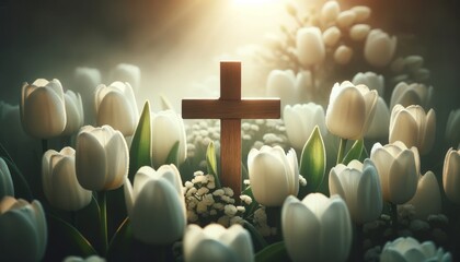 A small wooden cross surrounded by white tulips, with a soft-focus background to create a peaceful atmosphere.