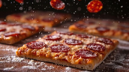 commercial shot photography of flying pepperoni on square pizza