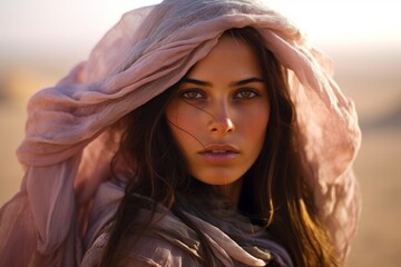 
A candid photo of a young Bedouin woman, her veil gently fluttering in the desert breeze, showcasing the delicate intricacies of her pastel-hued garments.