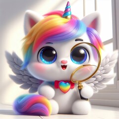 Fluffy 3D image of caticorn with white wings and rainbow mane, very cute, deep sparkly eyes, smiling a lot, holding and looking through magnifying glass, detective, super cute