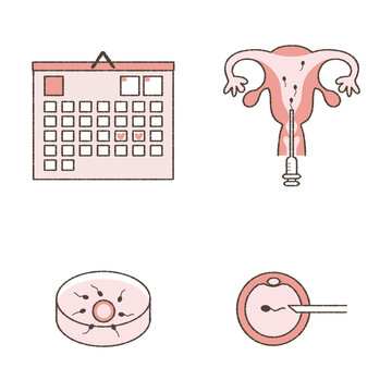 Illustration set of timing method, artificial insemination, in vitro fertilization, microinsemination.

