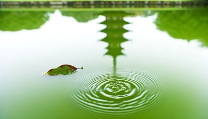 A serene image focusing on the ripples in a green pond created by a single falling leaf, with the silhouette of an ancient pagoda in the distance.