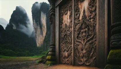 A close-up of a traditional wooden gate with intricate carvings, set against the backdrop of...
