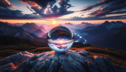 A glass orb placed at a scenic mountain viewpoint during sunset. - obrazy, fototapety, plakaty