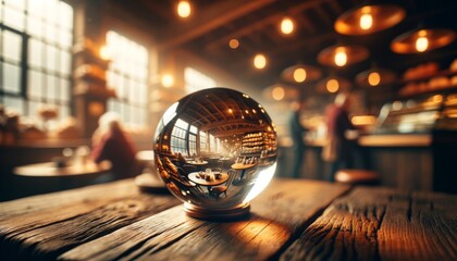 A detailed image of a glass orb on a rustic wooden table inside a cozy, warmly lit coffee shop.