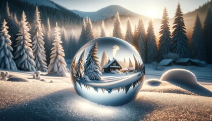 A glass orb positioned in the center of a tranquil, snow-covered landscape.