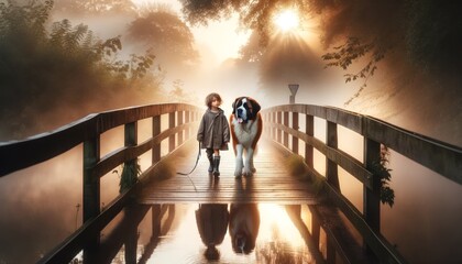 A young child walking a large dog on a misty bridge in the countryside at dawn.