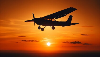 A small propeller airplane silhouette against a background of dusk orange sky during the golden hour.