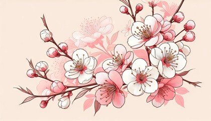 A close-up of cherry blossoms in line art style with a soft pink and white color palette, focusing on the delicate petals and floral arrangement.