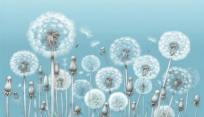 An array of dandelions with detailed line art on a sky blue background, focusing on the delicate structure of the seeds.